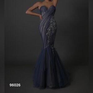 Tarik Ediz Strapless Navy Gown with Silver Accents